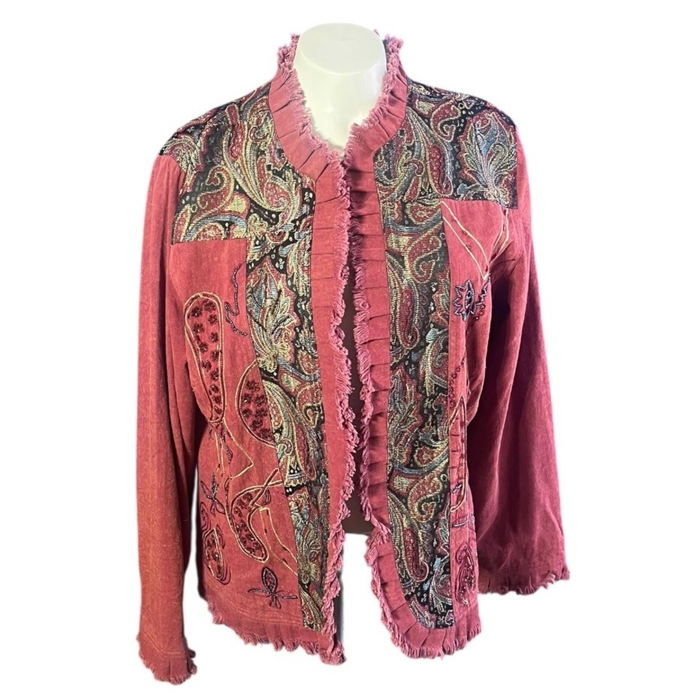 Indigo Moon Womens Red Paisley Beaded Fringe Open Front‎ Jacket Art to Wear L
